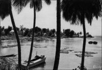 Kribi, le port aux bois. – « C’est un petit port, bien abrité par des écueils, qui ne convient qu’aux canots automobiles, aux chalands et autres embarcations ; les navires doivent mouiller à l’extérieur. […] Une bouée rouge portant l’inscription « Kribi N°2 » est mouillée par 8,5 mètres d’eau, sur l’alignement du clocher et du phare. Une bouée noire, avec l’inscription « Kribi N°1 » est mouillée, par même profondeur,  à 0,5 mille au Nord de la précédente. Dans le port le mât de pavillon de la maison du capitaine de port et une bâtisse, située au rivage dans S.W., servent de guide. […] Le quai ou appontement du Bruix ne peut convenir qu’aux barques. […] Kribi est le siège d’une résidence et il y existe un hôpital. Pas de vivres à l’exception de quelques produites indigènes. En cas de besoin la ville peut fournir de l’eau ; celle de la rivière est bonne, mais il n’y a pas de moyen de la transporter. Des routes d’automobiles relient Kribi aux centres importants de Grand Batanga, de Londji, Elebolowa, Lolodorf, et Yaoundé ». Source : Instructions nautiques – Côtes Ouest d’Afrique, Paris, Service Hydrographique de la Marine, 1941.