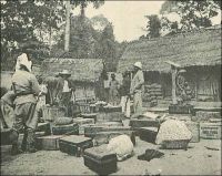 A travers l’Indénié, étape de Malamalasso. – Faute de routes suffisamment carrossables et compte tenu des résistances rencontrées à chaque détour de chemin, la conquête coloniale de l’hinterland, l’arrière pays, se fait essentiellement à pied. Les étapes, comme ici celle de Malamalasso dans le sud de la Comoé, sont de véritables escales de repos et de ravitaillement, disposant de vivres et de « cases de passage ». Et les figures célèbres de l’entreprise coloniale, les tailleurs d’empire, sont avant tout de grands marcheurs et le revendiquent. Ainsi, le célèbre capitaine Marchand, qui a dirigé la  « Mission Congo-Nil » stoppée à Fachoda et a participé à l’exploration et à la conquête de la Côte d’Ivoire, n’était pas peu fier de son pas. Albert Nebout, administrateur civil de Côte d’Ivoire, qui l’hébergea à plusieurs reprises lors de ses pérégrinations dans le pays en 1893, parle ainsi de ses propres performances de marcheur : « Je fis mon petit Marchand et ne mis que cinq jours pour parcourir 150 kilomètres [entre Kouadio Koffi Krou et Tiassalé où le Gouverneur Binger l’avait appelé] » (1). Sources : (1) Correspondance d’Albert Nebout (1862-1940), rassemblée et publiée dans Nebout, Albert, Passions Africaines, Genève, Editions Eboris, 1995.