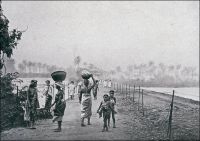 Conakry, pont de Tumbo. Vue prise de la grande terre. – Il s’agit ici du gué, apparemment déjà aménagé, qui relie Conakry au continent. La circulation sera pérennisée dès la fin du XIXème siècle par la construction d’un pont métallique – parfois appelé pont du Saloum -, renforcé ensuite pour accueillir la voie ferrée qui relie le port au fleuve Niger en Haute-Guinée. Plus tard encore, dans les années 1950, le mince cordon sera durablement remblayé. Le site choisi en 1885 pour implanter le siège de l’autorité française dans la région, le modeste village de Conakry, est en effet situé sur une presqu’île séparée de la terre ferme par un passage submersible. La presqu’île de Tumbo, longue de 3,5 km et large de 1 km, sera ainsi successivement le lieu de résidence du commandant du cercle de Dubréka à partir de 1885, le chef-lieu des Rivières du Sud en 1890, puis la capitale de la colonie de Guinée à compter de 1903. La ville ne s’étendra réellement sur le continent qu’après la Seconde Guerre mondiale, à la faveur des fonds FIDES – Fond d’investissement pour le développement économique et social - et de la prospérité bananière. Henry Bordeaux, un écrivain membre de l’Académie française un peu oublié aujourd’hui, fit un voyage en AOF en 1936. Il voit une portée géopolitique  à l’aménagement du cordon reliant Tumbo à la terre ferme : « Konakry elle-même occupe la pointe de la presqu’île de Toumba, rattachée au continent par une chaussée. L’Angleterre niait l’existence de cette chaussée et revendiquait le terrain comme faisant partie des îles auxquelles elle avait droit. Pendant cette discussion nous consolidions la digue. La nature l’avait faite, l’homme l’améliorait. Le doute n’était plus possible. Les Anglais, dès lors, abandonnèrent le reste qui était sans valeur » (1). Sources : (1) Bordeaux, H., Nos  Indes noires, Paris, éditions Plon, 1936.
