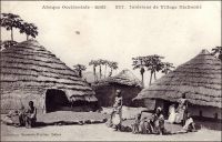 Intérieur de village djallonké. - « Enfin nous arrivons à quelques paillotes. Derrière une clôture, on entrevoit une sorte de grande ruche. Pas de fenêtre. La paille s’arrête à deux mètres du sol et le toit se prolonge jusqu’à terre par des branchages. En-dessous, maçonnerie circulaire autour de laquelle je tourne, essayant en vain de trouver l’entrée » (1). « Les Foulahs, de même origine kamitique que les Peulhs, mais plus métissés de nègres, constituent la majeure partie de la population [du Fouta-Djalon]. Ce sont avant tout des pasteurs, inséparables de leurs troupeaux. […] Leur cases rondes, coiffées de chaume, on un toit très épais qui descend près du sol » (2). Sources : (1) Morand, Paul, A.O.F. de Paris à Tombouctou, Paris, Flammarion, 1928.  (2) Soubrier, Jacques, Savanes et Forêts, Paris, J. Susse, 1944.-  Cette photo fait partie du travail du célèbre photographe et éditeur dakarois Edmond Fortier (1862-1928) à qui l’on doit une somme importante de clichés sur l’Afrique de l’Ouest. Il effectua deux voyages en Guinée, l’un en 1902-1903, au cours duquel cette photo aurait peu être prise, et l’autre en 1905-1906 en empruntant le fleuve Niger pour se rendre à Kankan.  Il a publié en tout 3300 clichés originaux. M. Fortier tenait boutique et vivait avec ses deux filles blondes et son boy Seydou Traoré, à l’angle de la rue Dagorne et du boulevard Pinet-Laprade.