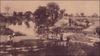Gaoua, passage du bac de Nabéré (route Gaoua-Bobo).  « Privée de débouchés naturels et de voies ferrées, la Haute-Volta est, par contre, sillonnée d'admirables routes. Beaucoup d'autos la parcourent. Elles assurent la  vie du pays. Le gouvernent en a, pour son compte, une soixantaine, postales et autres; c'est un véritable parc d'armée. Les autos, et non le chemin de fer, ici comme ailleurs, sont l'avenir ». Source : Morand, Paul, A.O.F. de Paris à Tombouctou, Paris, Flammarion, 1928.