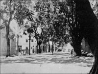 Une rue à Ouagadougou, en 1925. - « Ouagadougou, ville dans la lune […] sur la route de rien du tout. […] Ce n’est pas une ville, c’est un champ de manœuvres. On l’imagine très bien en proie à des charges de cavalerie. Les chevaux, d’ailleurs, même coiffés d’un casque, n’arriveraient jamais au bout de l’avenue : ils s’abattraient au milieu, les flancs palpitant comme un soufflet […]. Plus large, plus longue que les Champs Elysées, une allée coupe en deux la brousse brûlante. De chaque côté, des bâtisses jumelles et noirâtres se répondent. Ce sont des palais… des palais de boue. » Source : Londres, Albert, Terre d’ébène, Paris, Albin Michel, 1929.