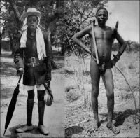 Le Lobi des villes et le Lobi des champs. – « Les hommes sont simplement habillés d’une ficelle qui leur entoure les hanches ; en équilibre sur l’épaule droite, le casse-tête dont le manche pend contre la poitrine, et sous le bras le carquois de peau. […] Les rapports entre l’indigène et l’Administration perdu ce caractère d’aménité, en grande partie par la faute des Lobi eux-mêmes qui répugnent à payer l’impôt, à fournir des porteurs et des vivres. […] Les militaires continuent à occuper une partie du pays ; on les accuse d’entretenir une « légende lobi » pour justifier leurs services et décrocher des croix. […] La race Lobi, quoique brutale, cruelle, et peu hospitalière, n’en reste pas moins une des plus sympathique de toute l’A.O.F….». Sources photo et citation : Soubrier, J., Savanes et forêts, éditions J. Susse, Paris, 1944.