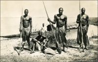 Pêcheurs sur le Logone. – « Ce matin le Logone rejoint assez exactement l’image que je m’en faisais. […] Nous nous arrêtons près d’un groupe de pêcheurs. Deux enfants en pirogue, vont rechercher dans la campagne des paquets d’hameçons qu’ils avaient été cacher à notre approche, dans la crainte qu’on ne s’en emparât. Et de l’autre côté du Logone, nous rejoignons un autre groupe de pêcheurs. Ils sont d’une complaisance, d’une gentillesse extrême, et d’une reconnaissance émue lorsque je leur tends un billet de cent sous pour un gros poisson qu’ils nous offrent ». Source : Gide, André, Le retour du Tchad, Paris, Gallimard, 1928. Cette photo a été prise entre 1942 et 1948 par Robert Carmet, un journaliste et photographe, collaborateur régulier de l’Agence économique des colonies.
