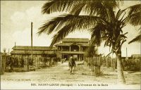 Saint-Louis, l’avenue de la Gare. – Le bâtiment que l’on aperçoit au fond est la première gare de Saint-Louis. On l’appelait le « Bâtiment des voyageurs », elle fut inaugurée avec la ligne Dakar-Saint-Louis le 6 juillet 1885, et se situait sur l’emplacement des Travaux Publics dans le quartier de Léona à Sor. Ces terrains marécageux avaient été progressivement viabilisés dans la seconde moitié du XYX ème siècle. La voie ferrée se prolongeait au-delà de la gare, en bordure d’un marigot, jusqu’à la gare marine dont la jetée était sur la rive gauche. Le budget important alloué à sa construction, 150 000 francs, devait susciter quelques années plus tard la jalousie des  habitants de Conakry, qui n’eurent droit qu’à un édifice plus simple comme terminal de la ligne Conakry-Niger. L’ancienne gare de Saint-Louis fut remplacée dès 1909 par la gare actuelle, laquelle a été édifiée sur le site du premier cimetière de Sor.