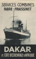 Publicité des lignes maritimes Fabre Fraissinet de 1938 - A cette époque, les paquebots Canada et Banfora de la compagnie Fabre et Hoggar et Touareg de la compagnie Fraissinet assuraient la ligne Marseille - Dakar, avec Alger et Casablanca pour escales. Au retour, entre Dakar et Marseille, ils faisaient les mêmes escales, mais desservaient en plus Las Palmas, aux îles Canaries. Les bananiers Edéa et Tamara faisaient le trajet direct Marseille - Dakar à l'aller, faisant escale au retour à Oran et Alger, tandis que les bananiers Benty et Cap des Palmes qui faisaient le même trajet à l'aller, ne s'arrétaient au retour qu'à Alger.