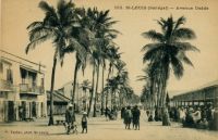 Saint Louis, avenue Dodds - le petit garçon avec un casque colonial est le propre fils de Pierre Tacher, l'éditeur de ces cartes postales  - Alfred Amédée Dodds (Saint-Louis du Sénégal, 6 février 1842 - Paris, 17 juillet 1922) est un général français créole, commandant supérieur des troupes françaises au Sénégal à partir de 1890. En 1892-1894, ce capitaine créole mena la conquête du Dahomey (actuel Bénin) sur Béhanzin 1er. Proche des radicaux français, Alfred Dodds dut sa nomination comme chef d'expédition à l'intervention personnelle de Clemenceau, nomination qui entraîna la démission du ministre de la Marine Godefroy Cavaignac. Sorti de Saint-Cyr en 1862, lieutenant d'infanterie de marine en 1867. En poste à La Réunion, il se distingue durant les émeutes de 1868. Capitaine en dec 1869. Durant la guerre de 70, il se distingue à Bazeilles (chevalier de la Légion d'honneur). Il s'évade après la capitulation de Sedan et rejoint l'armée de la Loire puis celle de l'Est. Il est interné en Suisse à la fin de la guerre. Il sert au Sénégal de 1871 à 1878. Il part ensuite en Cochinchine de 1878 à 1879. Chef de bataillon en 1879, il est en poste au Sénégal et participe aux opérations de la Casamance (1879-1883). Lt Colonel en 1883, il participe aux opérations dans le delta du Tonkin. Colonel en 1887, il pacifie le Fouta Djalon en Guinée. Commandeur de la Légion d'honneur en 1891. Il prend le commandement du 8e colonial à Toulon, puis en 1892, il est nommé commandant supérieur au Bénin et dirige la campagne du Dahomey. Général de brigade en 1892, Inspecteur des troupes de marine. Grand Officier de la Légion d'honneur . En 1895, il reçoit le commandement supérieur des troupes en Indochine. Général de division en 1899. De 1903 à 1907, il est commandant supérieur des troupes de marine. Membre du Conseil supérieur de la guerre. Grand-croix de la Légion d'honneur, Médaille militaire (1907). Décédé en 1922.