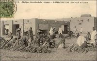 Tombouctou, le marché au bois. – En 1948, le cercle de Tombouctou, qui s’étend sur 282 400 km2, compte 86 111 habitants dont 25 159 sédentaires. Le cheptel est de 11 000 chameaux, 1200 chevaux, 18 000 ânes, 250 000 bœufs et 834 000 moutons et chèvres. L’élevage bovin est largement destiné au marché de la Côte d’Ivoire, vers lequel il est acheminé sur pied. Hormis le bétail, la production est limitée à 400 t. de gomme, 100 000 barres de sel de Taoudéni.