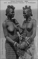 Jeunes femmes « Sourhaï » de Tombouctou. – « Les femmes [de Tombouctou] sont effrontées et habituées à servir, à exploiter l’étranger, à calmer le jeûne de générations de voyageurs. Elles descendent des anciennes courtisanes de Tombouctou, célèbres par leur culture et leurs appâts sociables. Déjà en 1350, Ibn Batonta, voyageur arabe, remarquait avec indignation qu’ici « les femmes recevaient des hommes sans que les maris en prissent ombrage ». On reconnaît là déjà la facilité des mœurs des Noirs. C’est que Tombouctou, s’il est l’Islam, n’est pas l’Islam pur » (1). - Cette photo fait partie du travail du célèbre photographe et éditeur dakarois Edmond Fortier (1862-1928) à qui l’on doit une somme importante de clichés sur l’Afrique de l’Ouest en général et sur le Soudan et le Sénégal en particulier ; il a publié en tout 3300 clichés originaux. M. Fortier tenait boutique et vivait avec ses deux filles blondes et son boy Seydou Traoré, à l’angle de la rue Dagorne et du boulevard Pinet-Laprade. Source : (1) Morand, Paul, A.O.F. de Paris à Tombouctou, Paris, Flammarion, 1928.