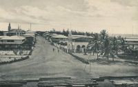 Lomé, Hamburgerstrasse, vers 1908. – La rue du commerce, alors appelée Hamburgerstrasse, est le centre d’affaire historique de la capitale togolaise. La ville s’est d’ailleurs constituée autour de sa vocation commerciale, à partir des années 1870 : des marchands Ewé, installés sur la côte pour mener la traite légitime (l’huile de palme essentiellement) avec les navires européens, sont venus se fixer en bordure de la frontière est de la Gold Coast, pour échapper aux lourdes taxes douanières britanniques. Aux pionniers se sont bientôt joints des commerçants mina venus de l’est et haoussa descendus du nord. Au début des années 1880, des compagnies européennes, allemandes notamment, s’installent à Lomé, alors appelée Bey Beach. C’est sur l’initiative des commerçants allemands de Lomé – qui se sentaient légitimement menacés par les autorités  coloniales anglaises, elles-mêmes exaspérées par cette concurrence à leurs portes - que l’explorateur Nachtigal s’arrête là, signe un traité et proclame le protectorat de l’empire allemand sur le Togo en 1884. - On distingue, sur ce cliché pris depuis la douane allemande – démolie en 1983, pour laisser place à un centre commercial moderne comptant des salles de cinéma, un casino, une boite de nuit et un hôtel -, le siège local des principaux acteurs économiques de la place. Au premier plan à gauche, se trouve la librairie évangélique (bâtie en 1902), suivie juste derrière l’hôtel Vogt, puis moins visible la firme Bödecker-&-Meyer et l’hôtel Kauserhof et enfin dans le fond la cathédrale (1901). En face, de l’autre côté de la rue, on voit l’imposant bureau de l’armateur Woermann, suivie de plusieurs factoreries édifiées entre 1898 et 1903.