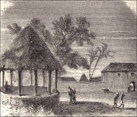 Abomeh, vue extérieure du palais du roi. – « La côte des Esclaves, séparée de la précédente [la côte d’Or] par la Volta, doit son triste nom au commerce d’esclaves que, malgré les lois des nations civilisées, on y fait trop souvent encore, aussi bien que sur la plus grande partie des autres côtes des deux Guinées. Le pays principal de la côte des Esclaves est le royaume de Dahomeh, dont la capitale se nomme Abomeh. Cependant le roi réside ordinairement à Calmina. Les ports les plus fréquentés sont Ouydah (qu’on appelle par corruption Juda), et Porto-Novo, où il y a un établissement français. » - Il est étonnant de constater comme les connaissances sur le Dahomey sont parcellaires, treize ans seulement avant qu’il ne devienne une colonie frainçaise. Sources (image et texte) : Cortambert, E., Cours de Géographie (autorisé par le conseil de l’instruction publique), Paris, Librairie Hachette et Cie, 1879.